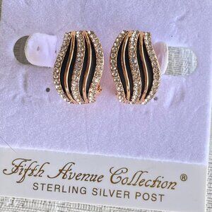 Fifth Avenue Black &  Rose Gold Crystal  Wave Omega Back Earrings​ NWT​